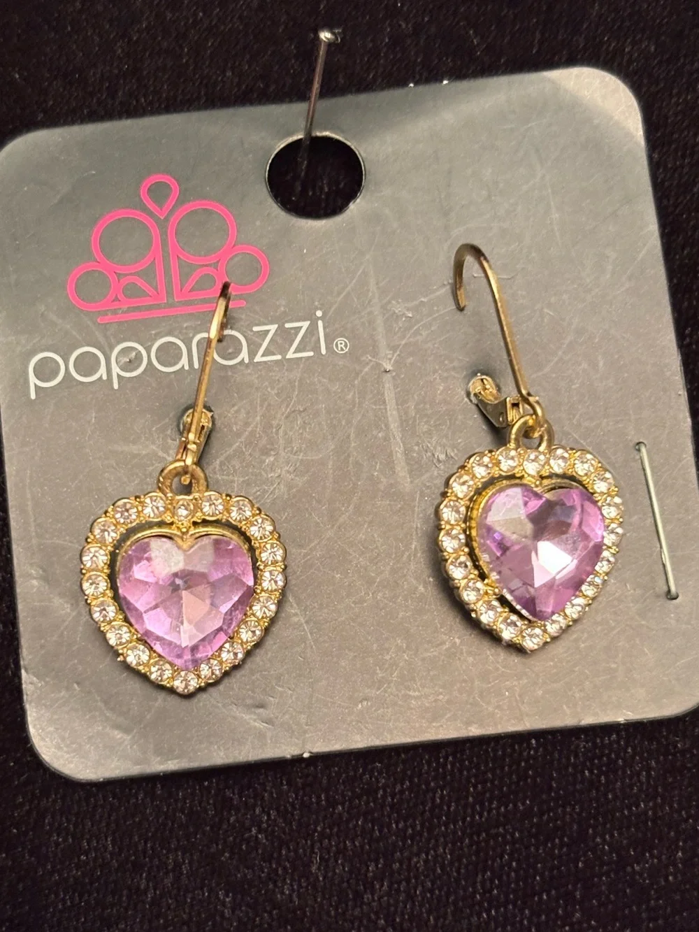 paparazzi Gold Heart Drop Earrings with Pink-Purple Crystal